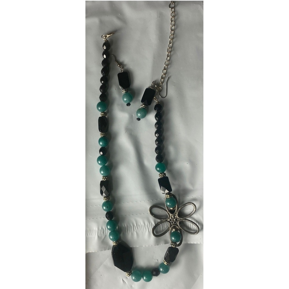 Teal Black Beaded Necklace Earrings Set Flower Charm Statement